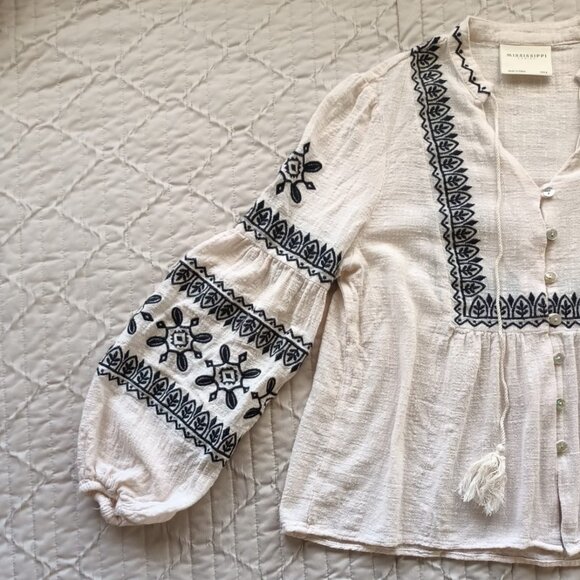 100% Cotton Peasant Blouse with Embroidery and Dramatic Bell Sleeves - Picture 2 of 9